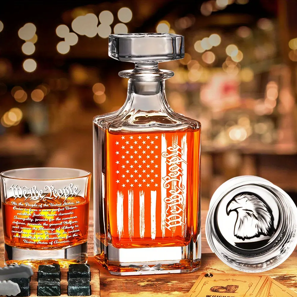 Engraved "We The People" American Flag Whiskey Decanter Set - 750ml with 2 Glasses, Patriotic Gift for Men, Ideal for Christmas, Boss's Day, Father's Day