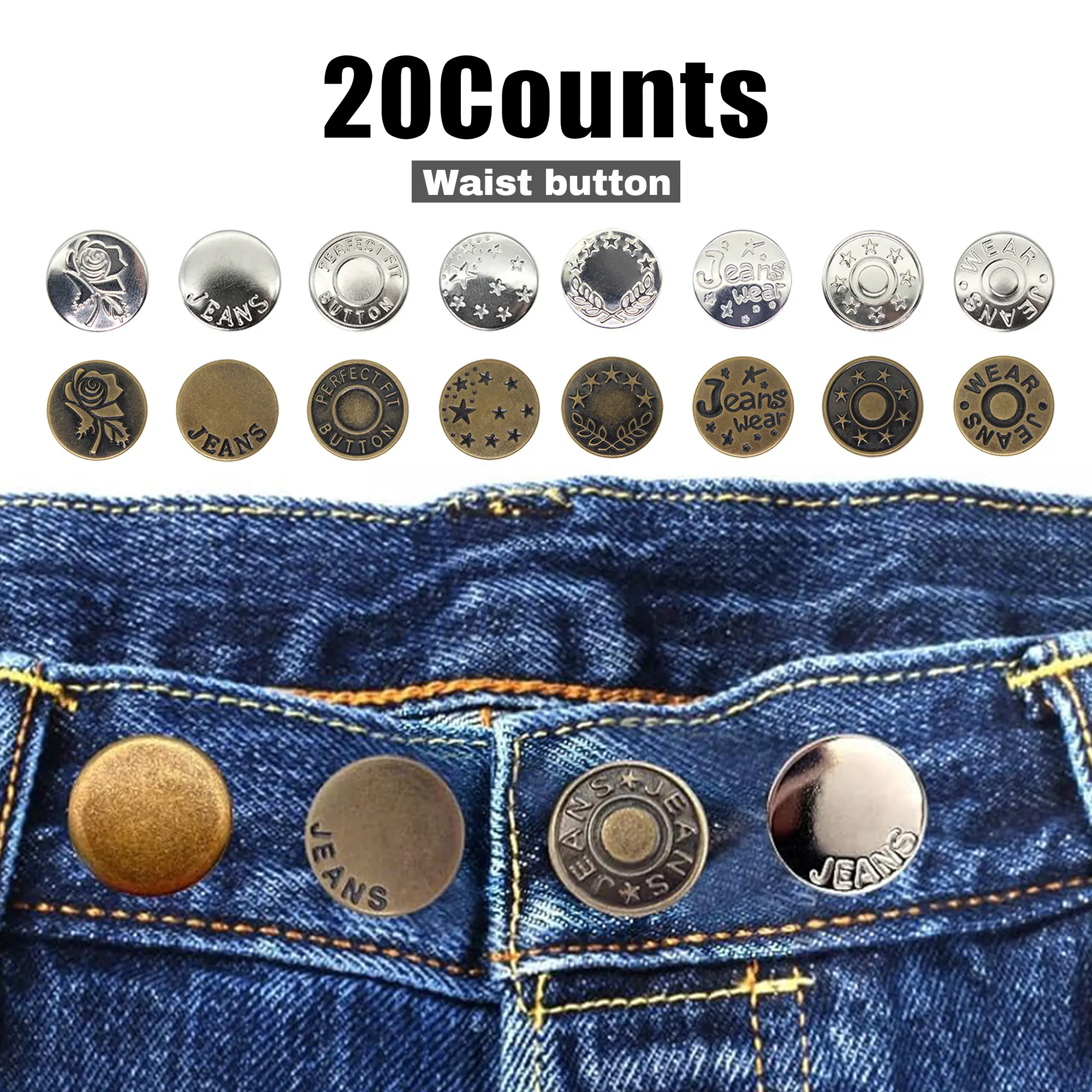 20 Counts No Sew Instant Replacement Buttons for Jeans Adjustable Metal Snaps Random Styles
