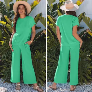 Znacicc Womens Two Piece Outfits Casual Solid Corded Knit Short Sleeve Tops Matching Wide Leg Pants Sets Elegance Style,Winteroutfit