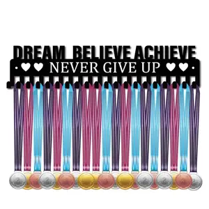 Inspiring Dreams Believe Achieve Never Give Up Metal Medal Rack, Accomplishment Rack, Easy Wall Hanging Display Stand for Home Decor, Stylish and Motivational, Inspiring Message