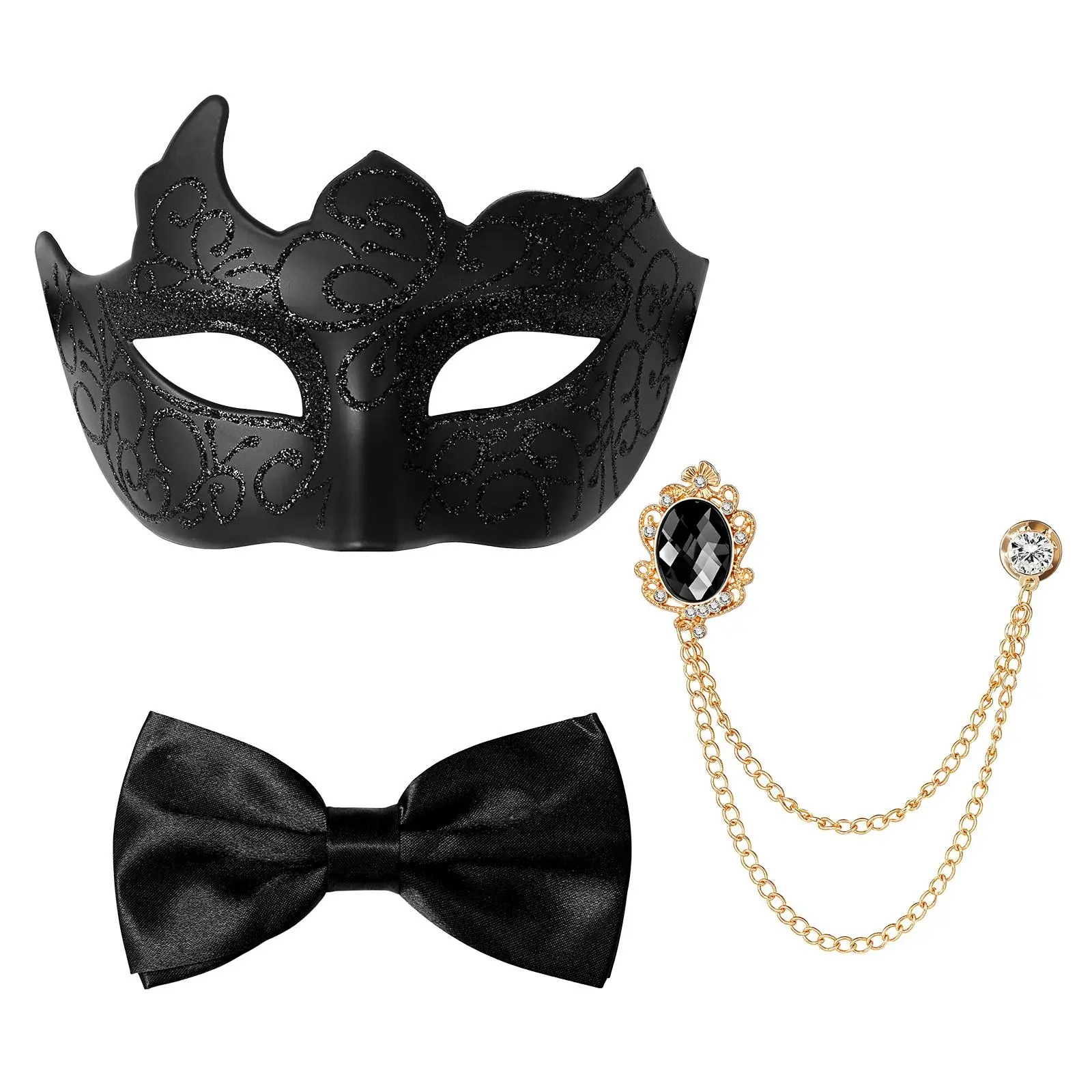 OIDEA Men’s Vintage Plastic Half-Face Costume Mask Set - Comfortable, Lightweight, Adjustable Strap, 28-58cm Satin Bow Tie, Chain Brooch - Ideal for Halloween, Party Photo Ops, Mask Accessories