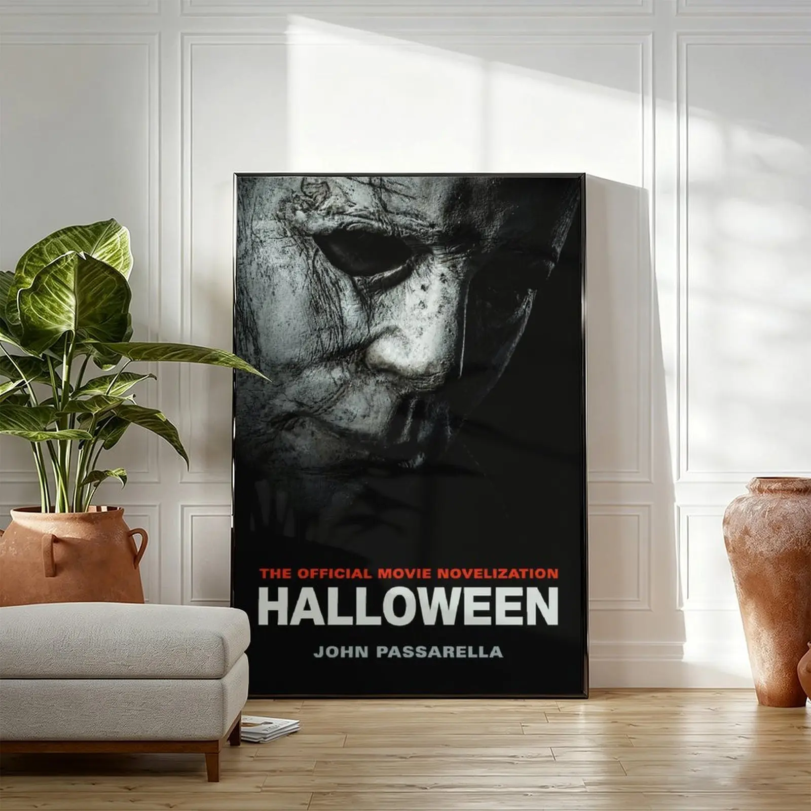 Michael Myers Halloween Movie Novelization Canvas Wall Art, Classic Horror Film Poster, Dark Spooky Gothic Decor for Man Cave Home Theater Bedroom, Framed Unframed Multiple Sizes