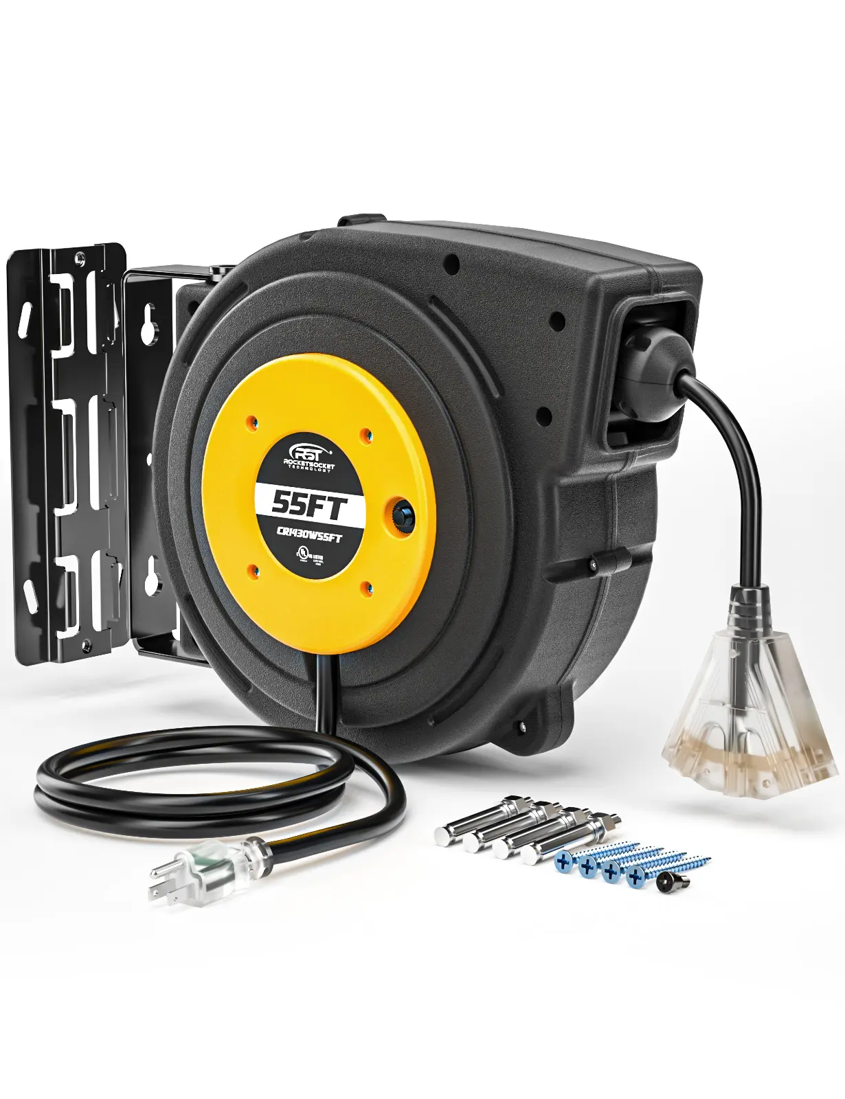 CRST Automatic Retractable Wire Cord Reel with Automatic Reeling Mechanism & Auto Rewind, 55ft 14AWG Flexible Braided Cord, Water Resistant, 3-Outlet Lighted Tap, Mounting Kits, 13A/125V/1625W, 15 lbs Capacity, Indoor Use, UL Listed, 36-Month Warranty