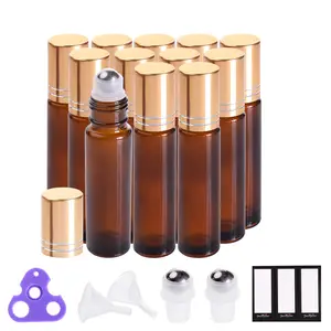 Essential Oil Roller Bottles (10ml Amber Glass, 12 Pack) With 2 Extra Roller Balls, 24 Labels, Opener, 2 Funnels