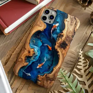 Blue Koi Fish Epoxy Faux Wood Resin Art Design Shockproof Tough Phone Case Heavy Duty Drop Protection Durable Hard Cover Aesthetic Gift for iPhone 11 12 13 14 15 16 17 Pro Max Plus