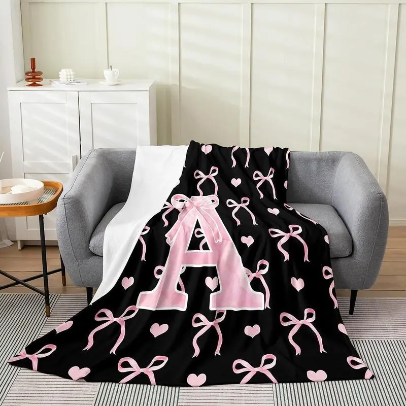 Initial Letter A-Z Flannel Blanket Throw for Girls, Black Pink Alphabet Flannel Blanket, Monogrammed Gifts for Daughter Women Teen Girls,Customized Blanket for Bedding Bedroom Office,multiple Size, Personalized Flannel Blanket, Bedroom Decor