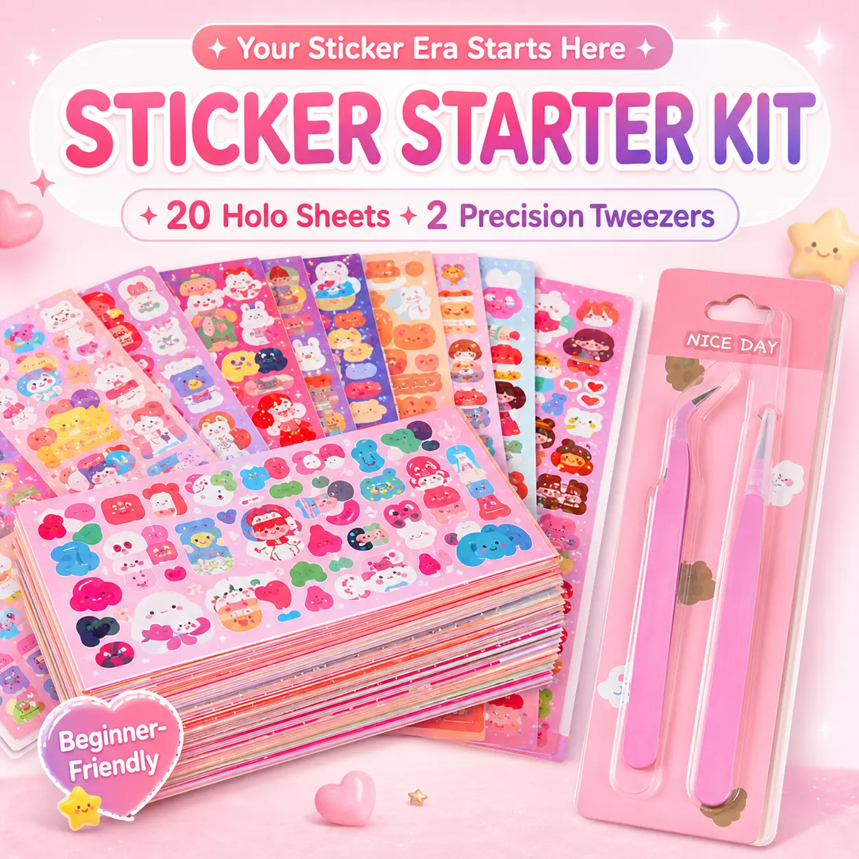 Sticker Starter Kit – 20 Holographic Sticker Sheets with 2 Precision Tweezers, Cute Kawaii Stickers for Journaling, Scrapbooking, Planner Decor & DIY Crafts