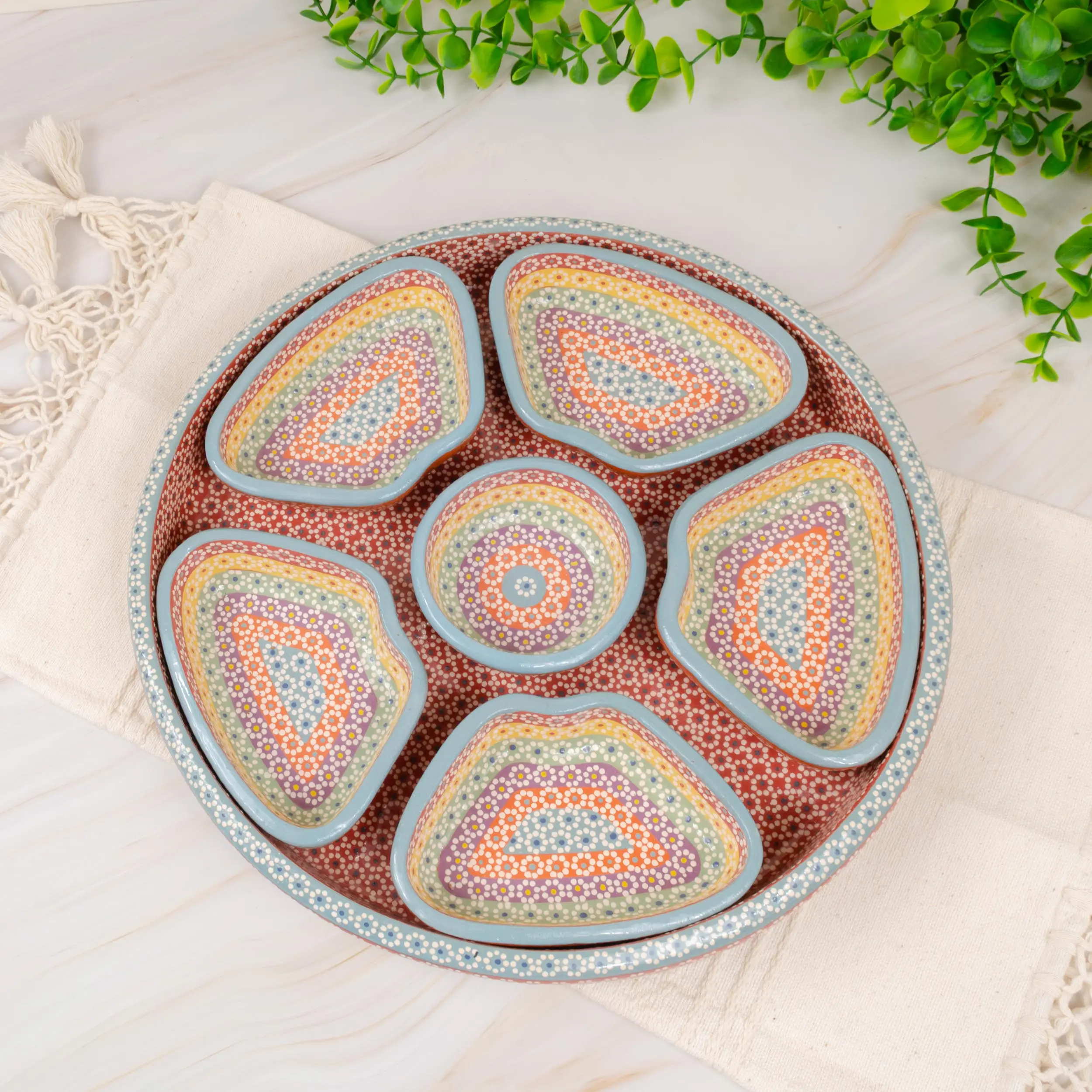 Capula 7-Piece Modular Round Ceramic Dinnerware Set - Hand-Painted, Lead-Free, Food-Safe Dotted Mexican Pottery with Handmade Platters & Bowls for Kitchen Tableware, Mexican Decor, Artisanal Style Dining Plate Set
