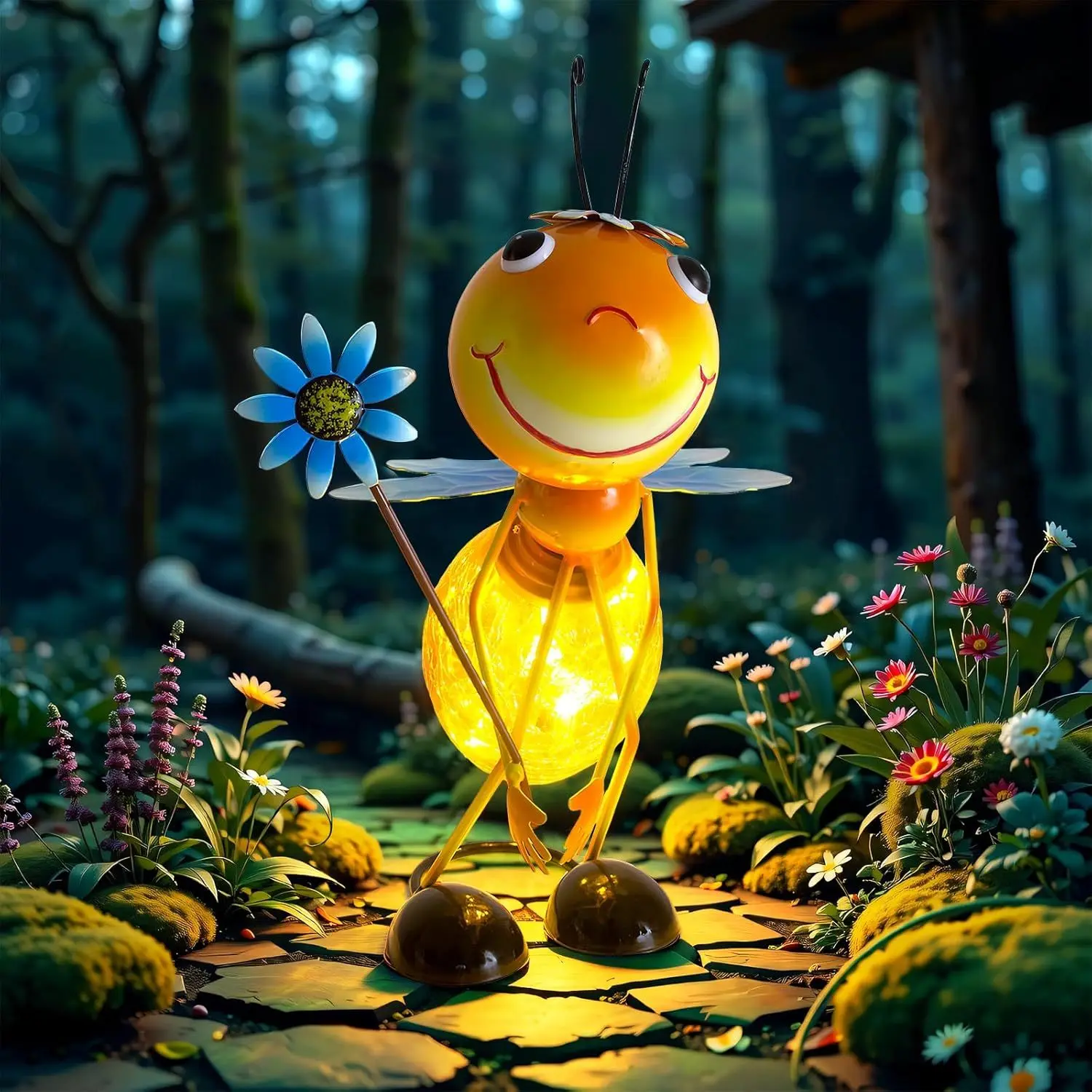 Solar Garden Bee Figure Decorative Light - Solar Ground Lights, Whimsical Outdoor Tabletop Lighting, Home Decor Ornament for Patio Lawn, Birthday Gift for Mom
