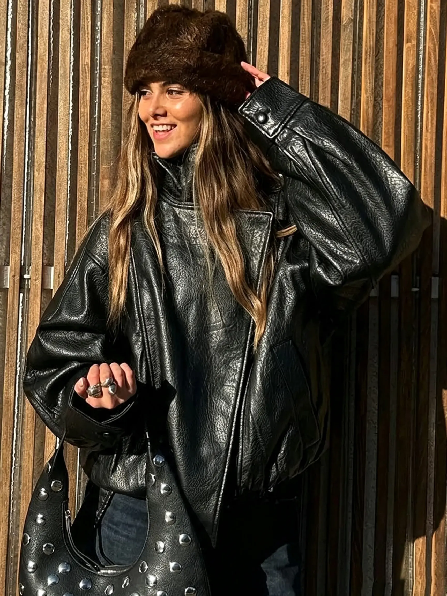 Women's Leather Jacket High Collar Zip Up Moto Biker Coat Autumn Winter Warm Outerwear Casual Loose Fit Streetwear