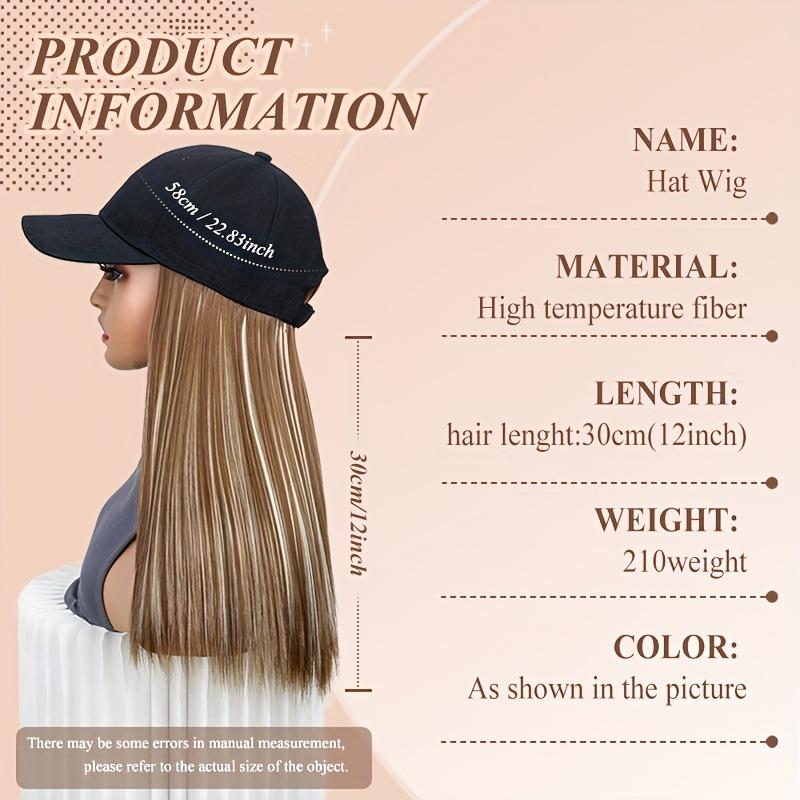 Women's synthetic hat wig, long straight black hair, baseball cap with hair attachment, stylish and convenient all-in-one design.