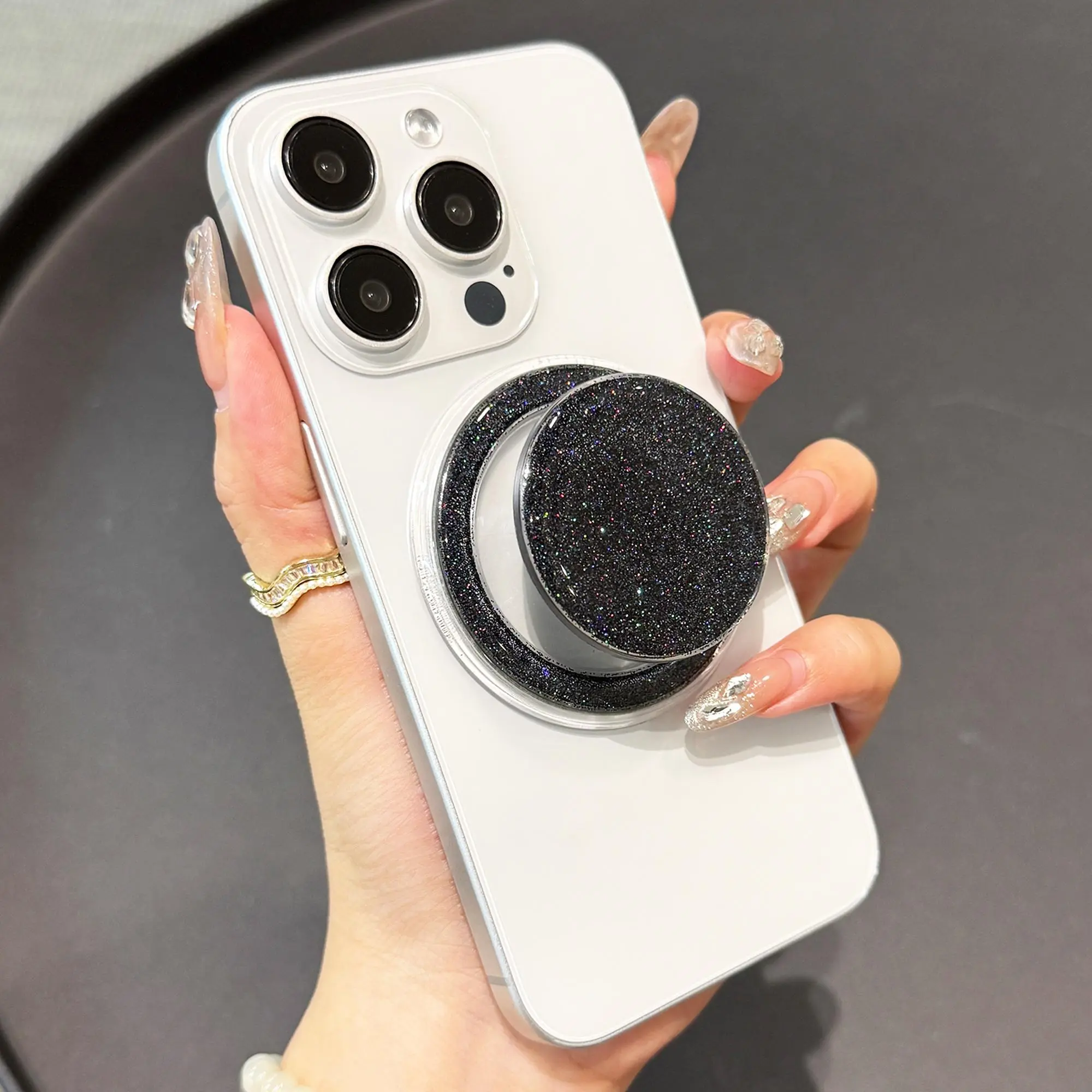Cute Phone Grip Compatible with MagSafe Adapter Ring Included Magnetic Loop Grip and Phone Holder Cellphone Easy Install Secure Grip Hands-Free Use Black Glitter
