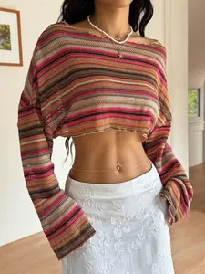 Women's Textured Casual Style Loose Fit Beach Vacation Colorful Crochet Striped Bell Sleeve T-Shirt, Spring Summer New Arrival, Long sleeve