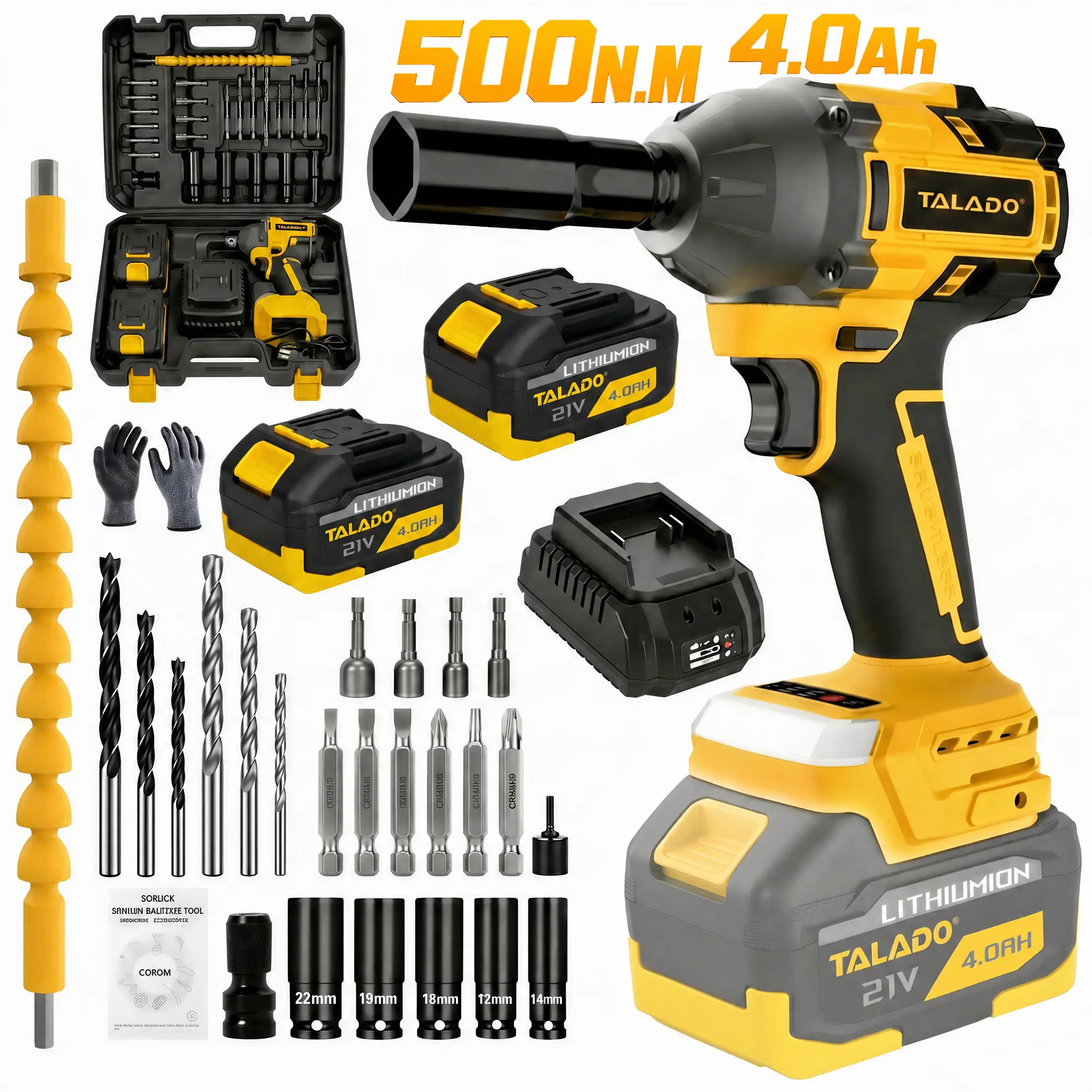 TALADO 21V Brushless Motor Cordless Impact Wrench, 500N.m High Torque Electric Impact Gun with 2×4.0Ah Batteries, Car Tire Change & Garage Repair Tool Kit