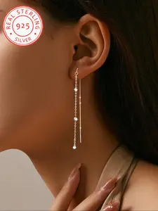 925 Sterling Silver Minimalist Tassel Statement Earrings, Elegant Beaded Chain Dangle Jewelry for Women, Trendy All-match & Exquisite Jewelry for Birthday Gift, High Quality Earrings