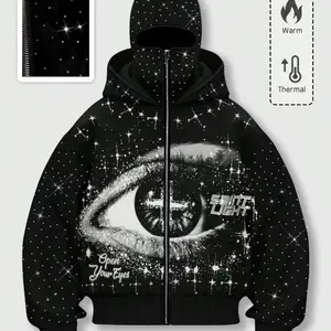 Men's street style rhinestone decorated hooded sweatshirt with two hats, windproof jacket with pocket and zipper design, autumn and winter wear, long, street wear, geometric