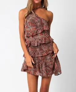 One Shoulder Mini Dress with Asymmetrical Ruffle
