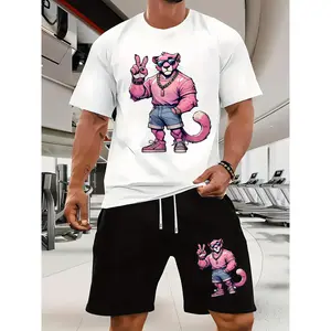 S&H A set of casual sportswear including a short-sleeve T-shirt with a fashionable pink panther cartoon pattern and slim-fit shorts suitable for spring and summer wear