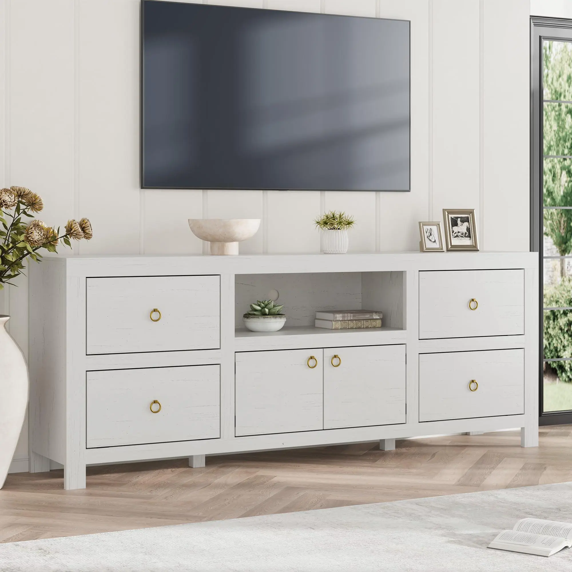 Farmhouse TV Stand - 70" Wood Frame Entertainment Center for 75/80 Inch TVs, 6 Storage Cabinets, Soundbar Shelf, 400 lbs Capacity, Easy Setup White Console for Living Room/Bedroom