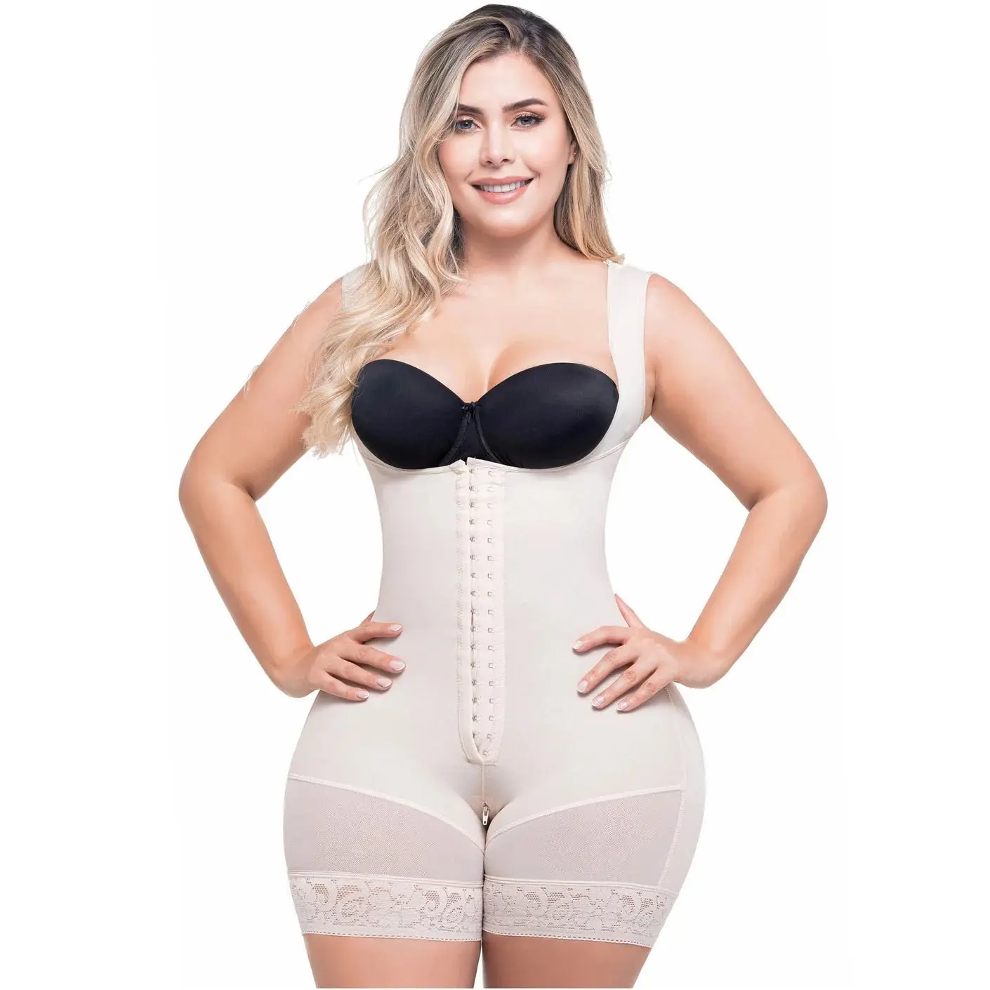 SILUET 211 Open-Bust Full Body Shaper for Women, Extra Firm Powernet Shapewear Corset with Butt-Lifting and Soft, Adjustable Straps, Hook-And-Eye, Post-Surgical Recovery, Butt Lift, Firm Control, Mid-Thigh, Powernet Mesh, Elastane, Bra, Customized, Smooth