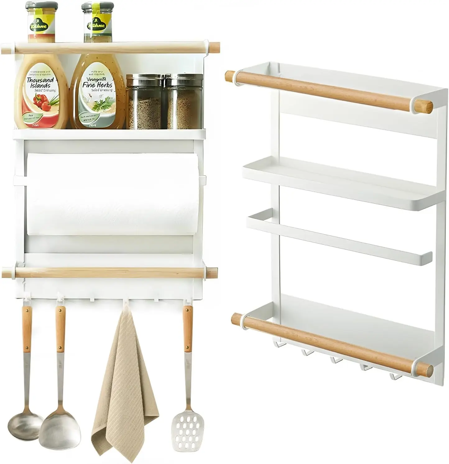 Farmhouse Magnetic Kitchen Organiser Rack with Magnetic Hook - Drill-Free Hanging Mount, 3-Layer 3-Tier Open Shelf, Kitchen Roll Holder, Utensils Storage, White Metal & Bamboo Wood, 33x34x8 cm, RVs Compatible Home Supplies