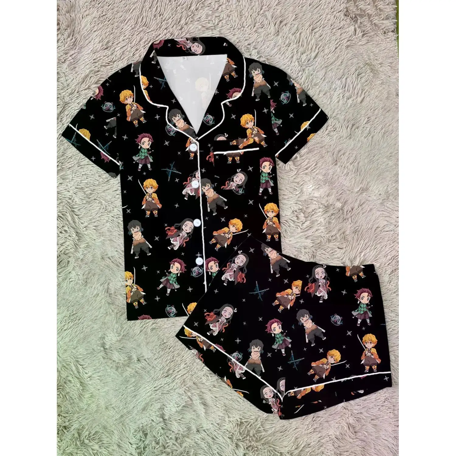 Demon Slayer Women's Cartoon Print Pajama Set - Soft Two-Piece Sleepwear with Short Sleeve Button-Up Top and Elastic Shorts