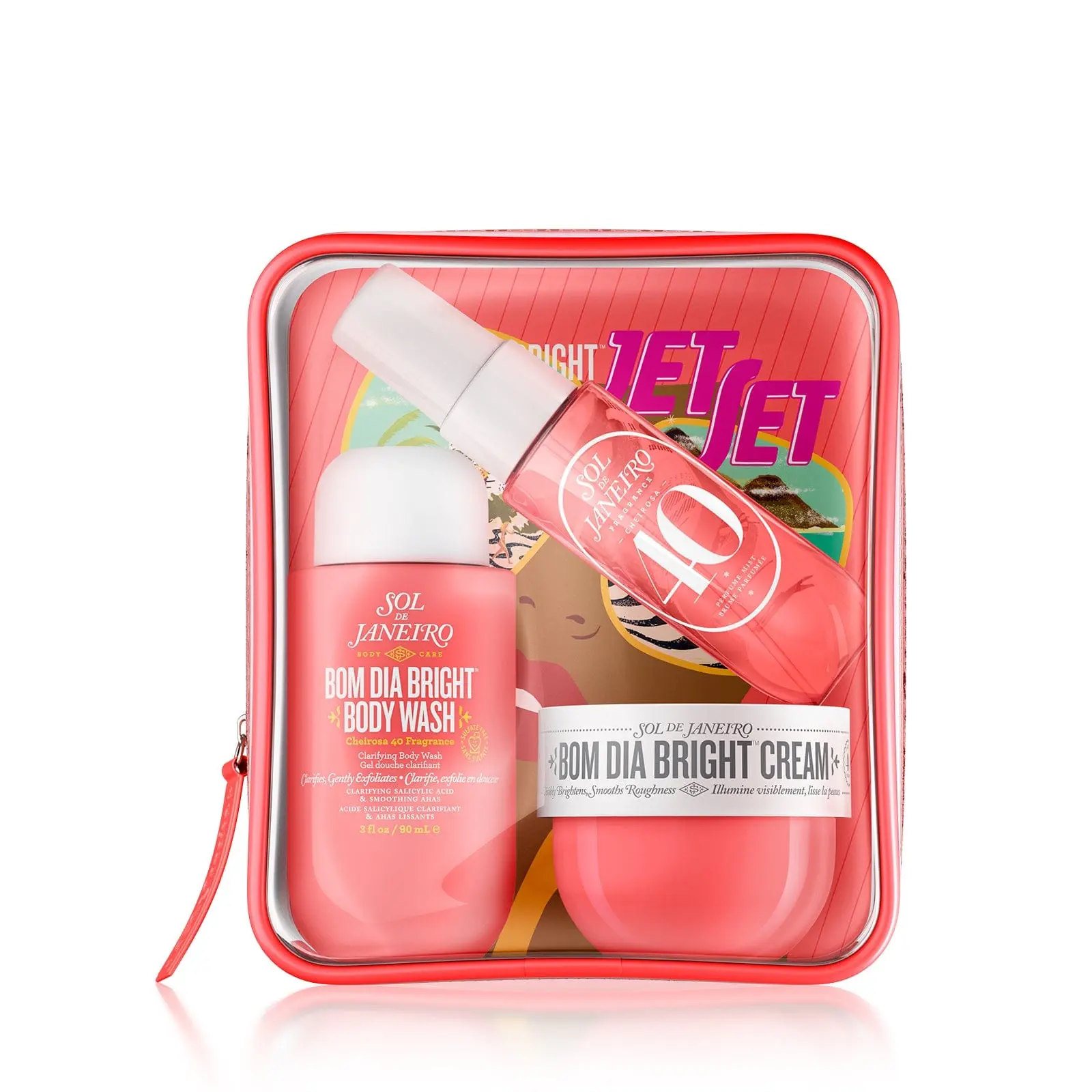 Sol de Janeiro Bom Dia Bright Jet Set Travel Kit - Exfoliating, Smooth Body Wash, Body Cream & Cheirosa 40 Perfume Mist with Salicylic Acid, Jasmine, Black Amber Plum, Vanilla Woods Scent (Travel-Friendly), Exfoliate, Vitamin C, Body Care Set