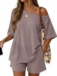 Womens 2 Piece Summer Shorts Set Lounge, Solid Loose Short Sleeve Tee and High Waist Shorts 2PCS Outfits, Lightweight Casual Lounge Wear, Trendy Summer Daily Holiday Matching Set for Ladies