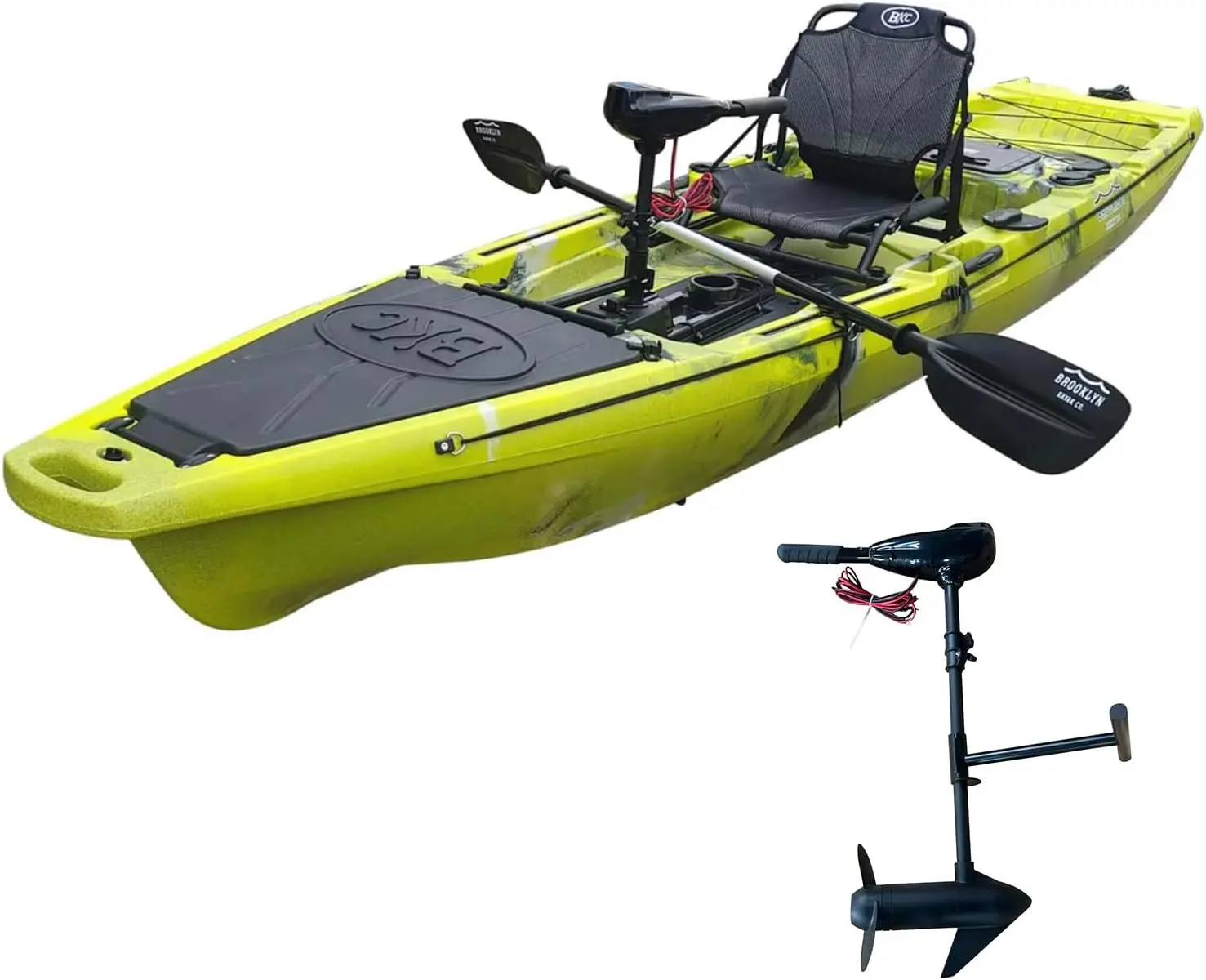 BKC Brooklyn 12.5 Pro Pedal Fishing Kayak, Propeller Drive | Hands-free propeller drive, rudder steering, 550 lb capacity, dry storage, rod holders, 12.5 ft sit-on-top hull