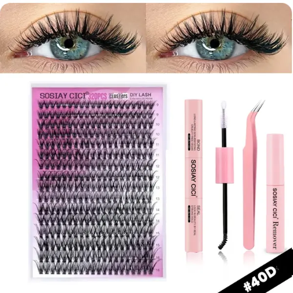SOSIAY CICI DIY Individual Fluffy Handmade Eyelash Cluster Extension Kit for Adults - 320 False Lashes (40D Curl, 9-16mm Kawaii), Eyelash Extension Glue, Easy to Use & Remove Accessories Bundle (Seal, Applicator, Remover, Tweezers)
