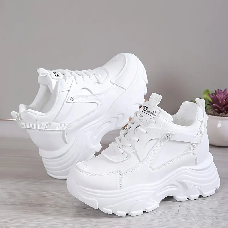 Women's Casual All-White Platform Dad Trainer - Built-in Height Increase Walking Footwear, Stylish Design, All-Day Comfort, Walking Shoes, Closed
