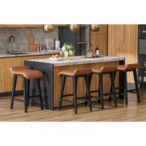 26.2" Solid Wood Bar Stools Set of 4, Counter Height Bar Stools with Wide PU Leather Upholstered Seat, Barstools Set for Kitchen Islands, Counter Bars, Brown