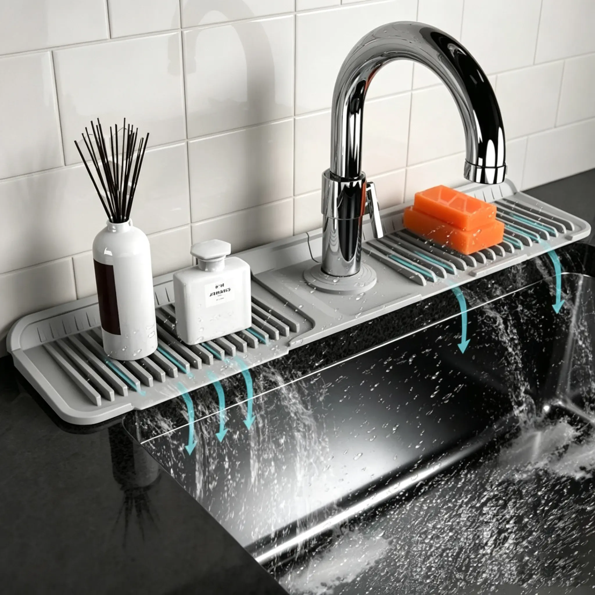 Kitchen Silicone Sink Faucet Mat, Upgraded Silicone Faucet Protection Drain Mat & Faucet Handle Drip Collector. New Quick Dry Stone Sink Tray, practical sink protector works as water splash guard, splash proof accessory for kitchen and bathroom sinks!