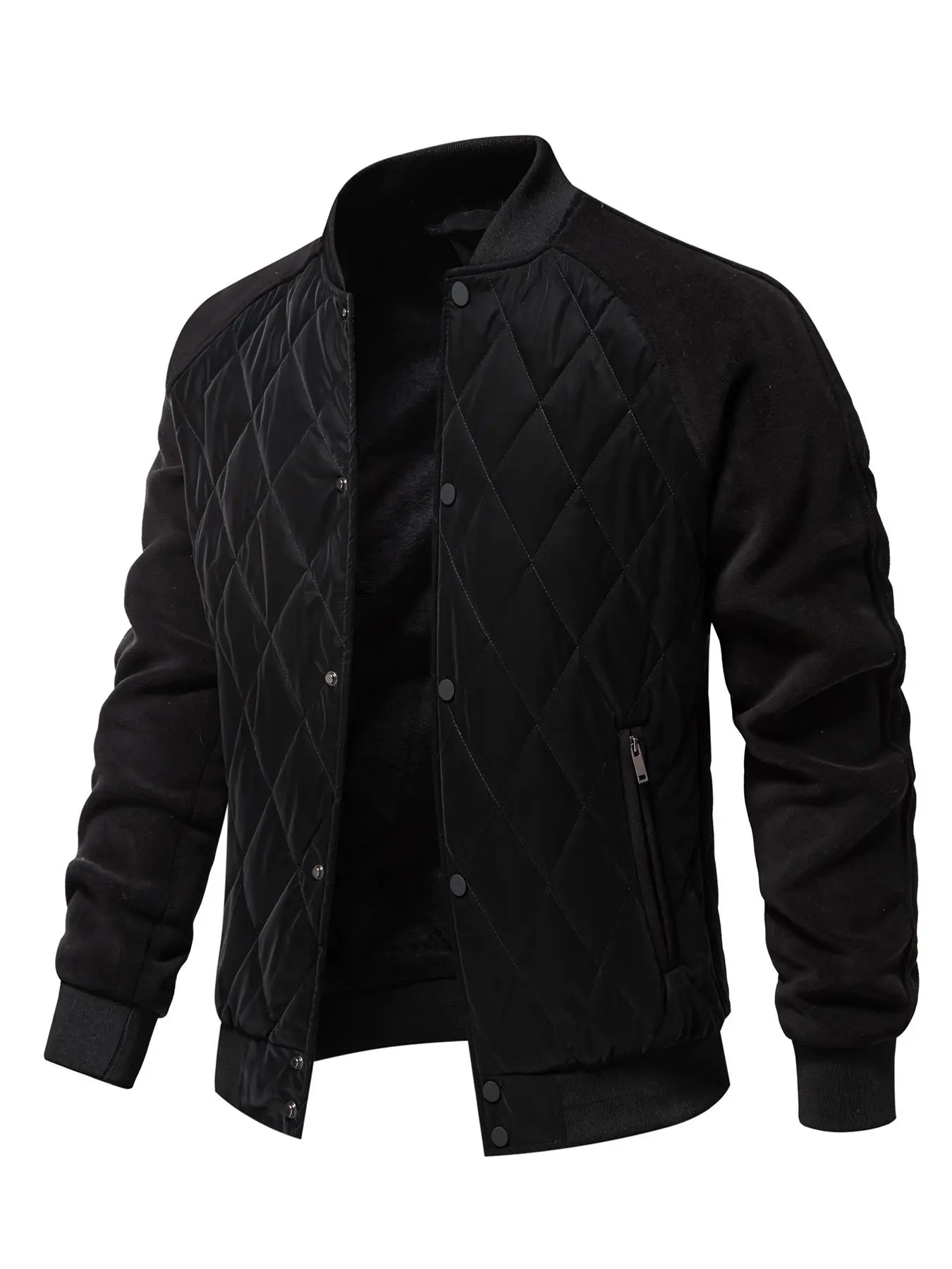 Men's Thick Wool Lined Baseball Jacket, Winter Warm Coat, Thermal Lined Jacket, Menswear, Casual Fitted Design, Button Front, Long Sleeve, Pockets, Plain Pattern, Casual Outerwear, Casual Jackets, Outerwear with Pockets