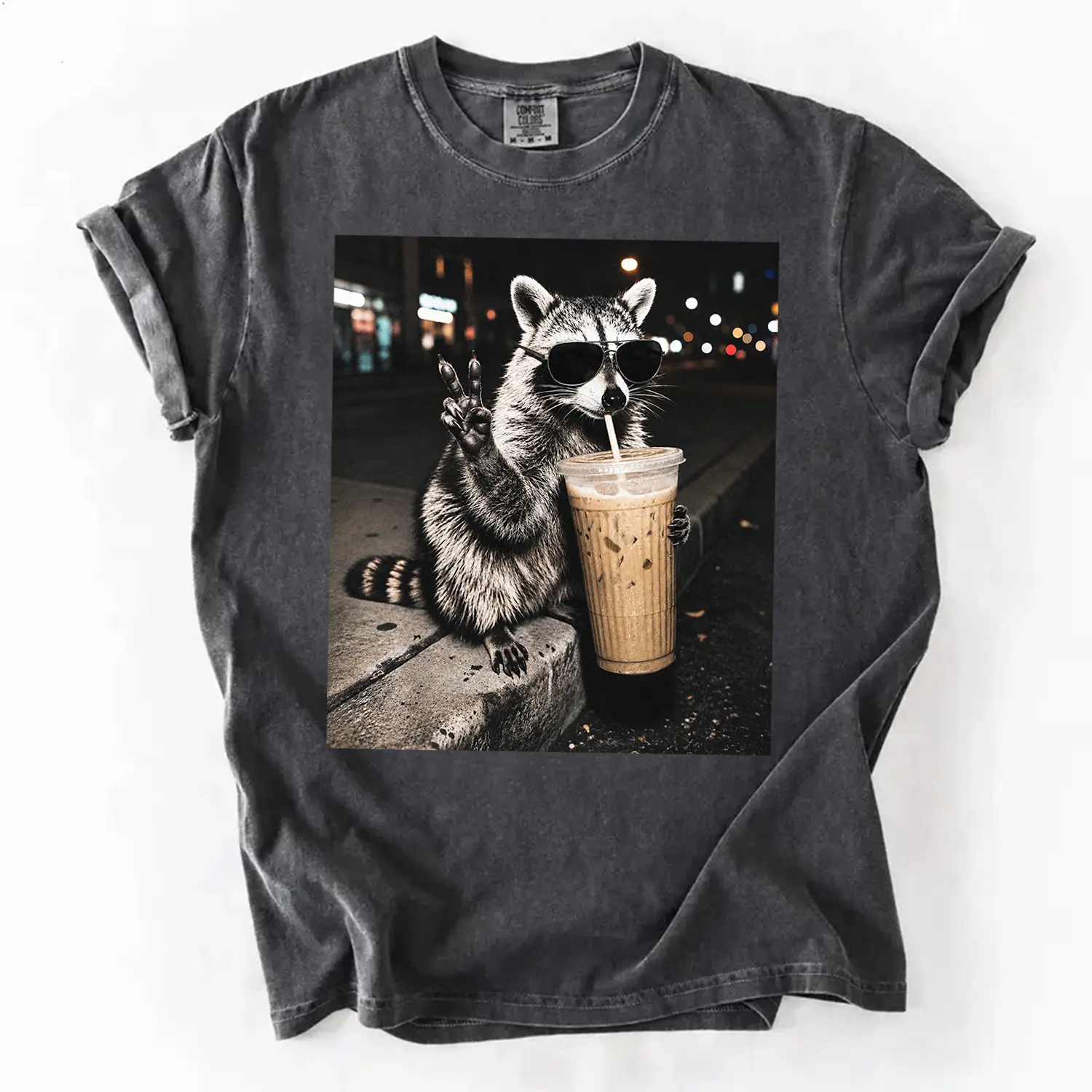 Comfort Colors Raccoon Drinking Iced Coffee Shirt, Retro Prehistoric Shirt, Gift For Animal Lover, Funny Animal Meme Tee, Coffee Raccoon Tee, Valley State Co