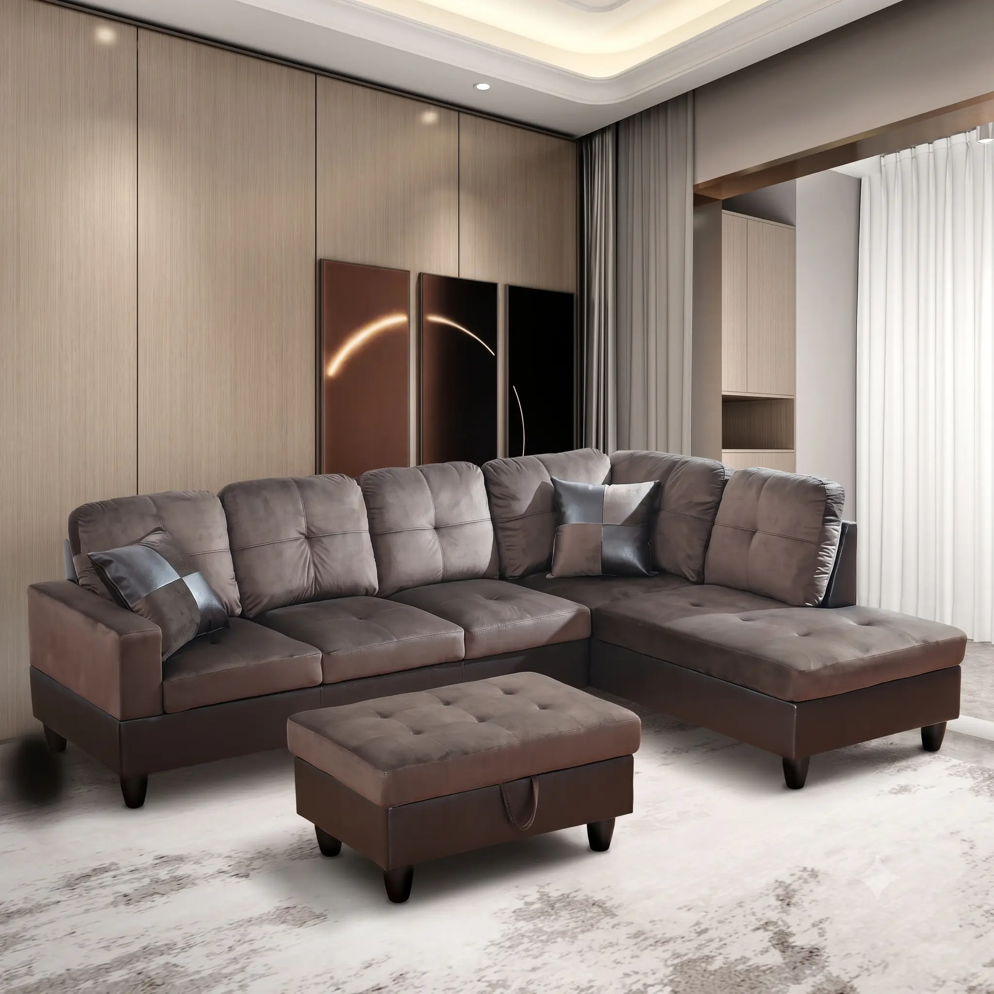 L Shaped Couch - 3-Piece Flannel & PVC Sectional Sofa, Indoor Living Room Sofa Sectional Couch, Home Furniture Set