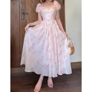 Cute Square Neck Pink Fairy Dress, 2026 Spring French Court Retro Puff Sleeve Midi A-Line Floral Print Dress, Sweet Princess Style, Flowy & Flattering #FrenchRetroDress #SpringDress2026 #FairyDress