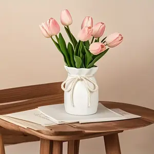 Nordic Luxe Hemp Bow Decorative Vase, Cream Minimalist Round Bud Vase for Tulips & Sunflowers, Easy-Clean Waterproof, Boho Style, Flower Arrangement Vase, Home Decor Vase