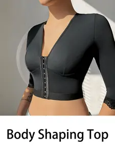 Women's Body Shaping Top Elegant Corset Shapewear Elastic Chest Binding Arm Cuffs Lace High Stretch Soft Comfort Lightweight Seven-Quarter Sleeves Front Button Design