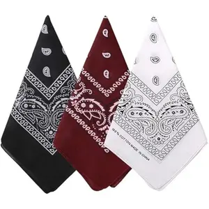 3 Pack 100% Cotton Paisley Pattern Bandanas Face Mask Square Scarf Headwear in Black Maroon & White Colors Made in China