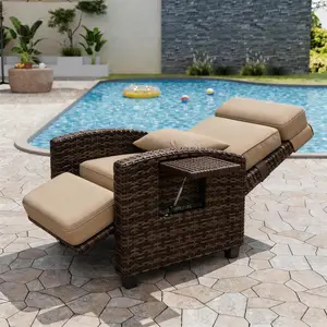 Outdoor Recliner Chair, Patio Reclining Chairs with Adjustable Backrest and Footrest, 150° Lay Flat Rattan Reclining Chairs with Flip-Up Table and Removable Cushion, Brown/Khaki, Set of 1