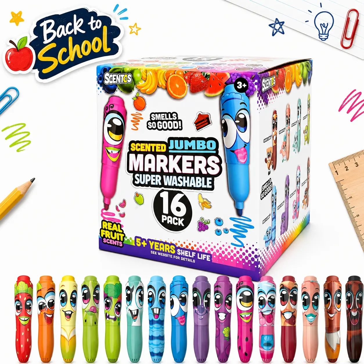 Scentos Jumbo Scented Art Markers for Kids, 8 or 16 Count Fruit-Scented Markers, Long-Lasting Fragrance, Super Washable, Non-Toxic, Chunky Design, Low-Mess Creative School Supplies,Back To School Shopping,Birthday Gifts,Christmas