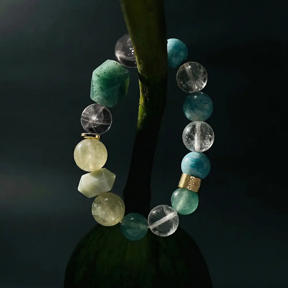 Ivy Crystal Bracelet, Chunky Green Strawberry Quartz & Amazonite Mixed Stones for Vitality, Naturecore Elastic Band Gift for Best Friend, Wedding, Female, Creativity, Spring, Statement, Adults, Unconditional Love, Birthday