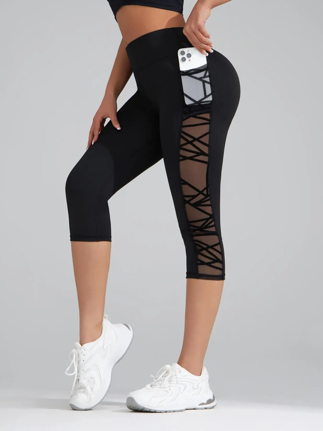 Women's Contrast Mesh Pocket Design Cropped Shaping Leggings, Sporty Comfy Breathable Pants for Yoga Gym Workout, Bottoms for All Seasons High Waisted Leggings, Activewear Bottoms