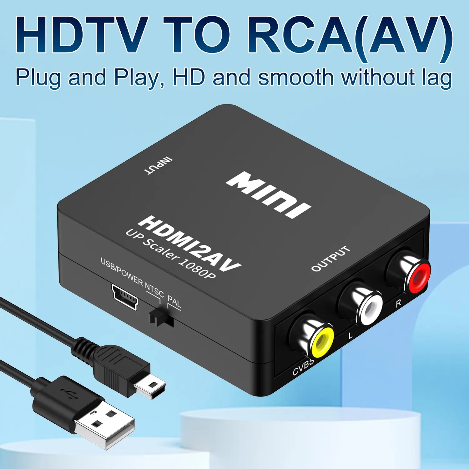 HDMI to RCA, 1080p Smooth HDMI to AV 3RCA CVBs Composite Video Audio Portable Converter Adapter Supports PAL/NTSC for TV Stick, Chromecast, Apple TV, PC, Laptop, Xbox, HDTV, DVD Usb Power Cable
