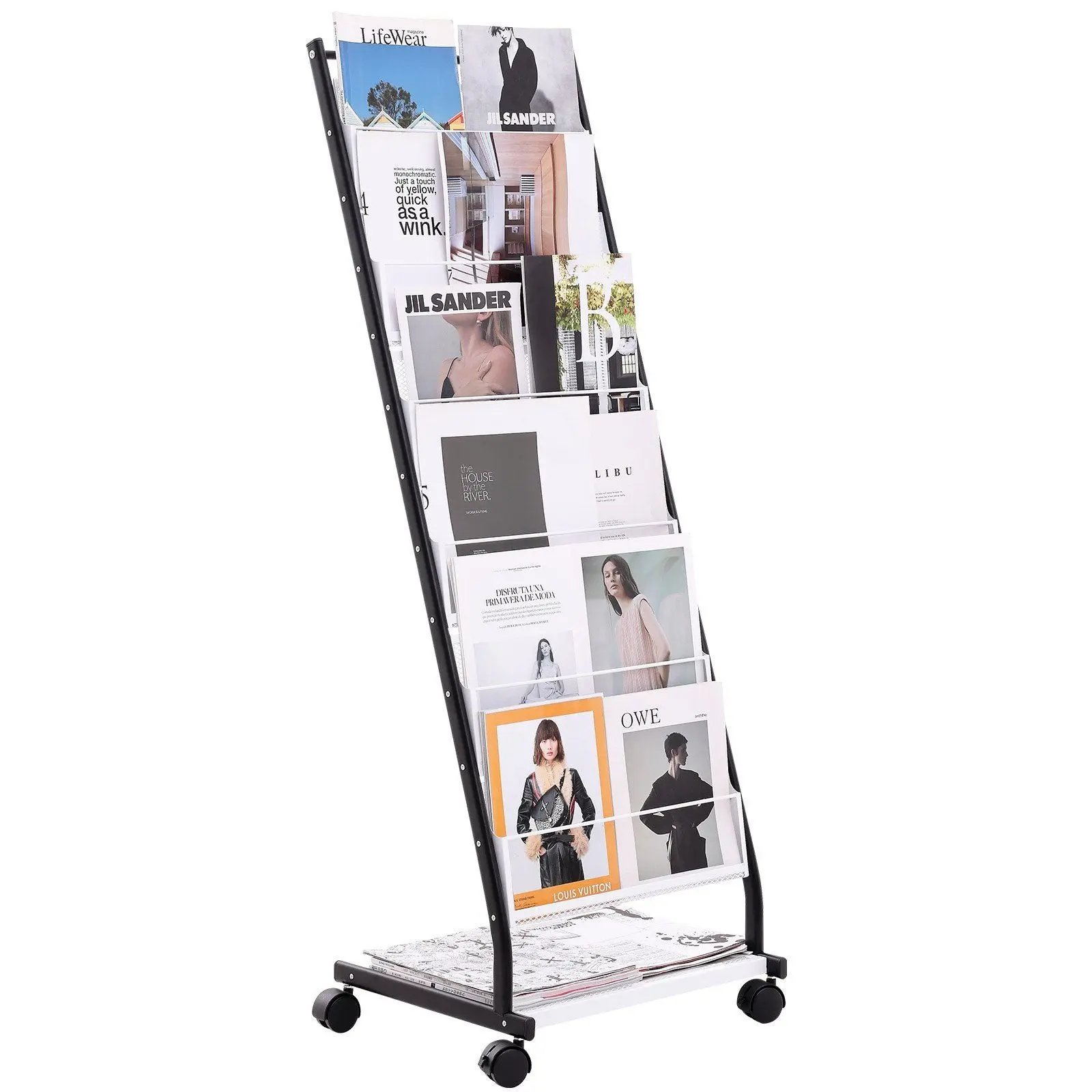 6-Tier Magazine Display Stand, Movable with 4 Wheels (2 Lockable) - 6 Pockets