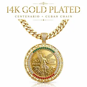 14 Gold-Plated Centenario Coin Necklace, Mexican 50 Pesos Pendant with 24" 7mm Miami Cuban Curb Brass Chain, Hip-Hop Costume Jewelry for Adults, Daily & All Occasions Accessory