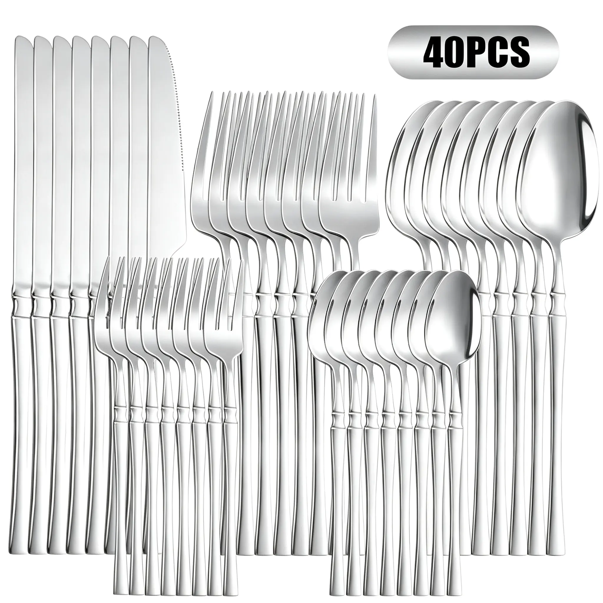 40-Piece Stainless Steel Tableware Set -Does not include gift box  Mirror-Polished Cutlery (Knives, Forks, Spoons, Teaspoons, Dessert Forks) with Rounded Curves, Party-Ready, Durable, Stylish, Modern, Dishwasher-Safe Kitchenware
