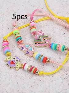 New European and American Style Gold Glitter Butterfly Rainbow Children's Bracelet, Colorful Soft Clay Woven Friendship Bracelet and Necklace Set