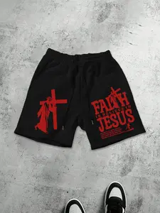 Men's Vintage Christian Faith Aesthetic Casual Streetwear Shorts, Loose Graphic Jesus Slogan & Cross Pattern, High-Quality Soft Elastic Waist, Street Style